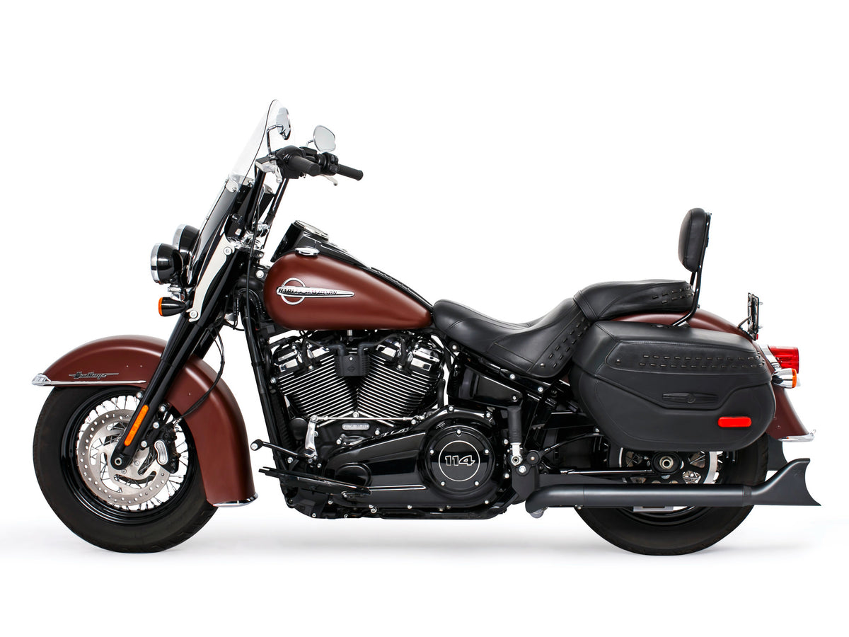 33in. True Dual SharkTail Exhaust - Black. Fits Softail 2018up with Non-240 Rear Tyre