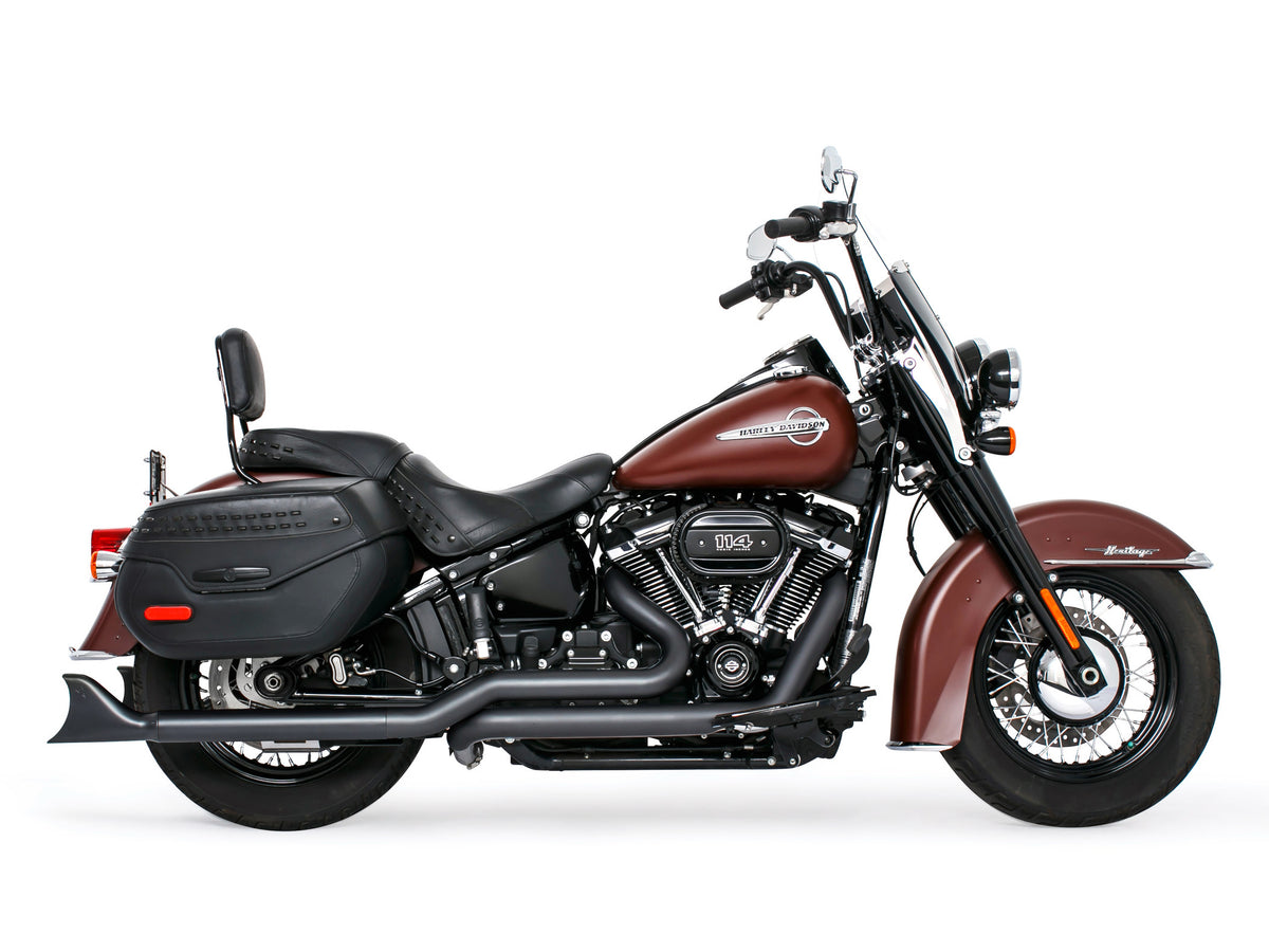33in. True Dual SharkTail Exhaust - Black. Fits Softail 2018up with Non-240 Rear Tyre