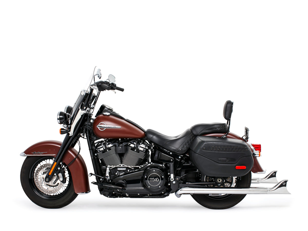 39in. True Dual SharkTail Exhaust - Chrome. Fits Softail 2018up with Non-240 Rear Tyre
