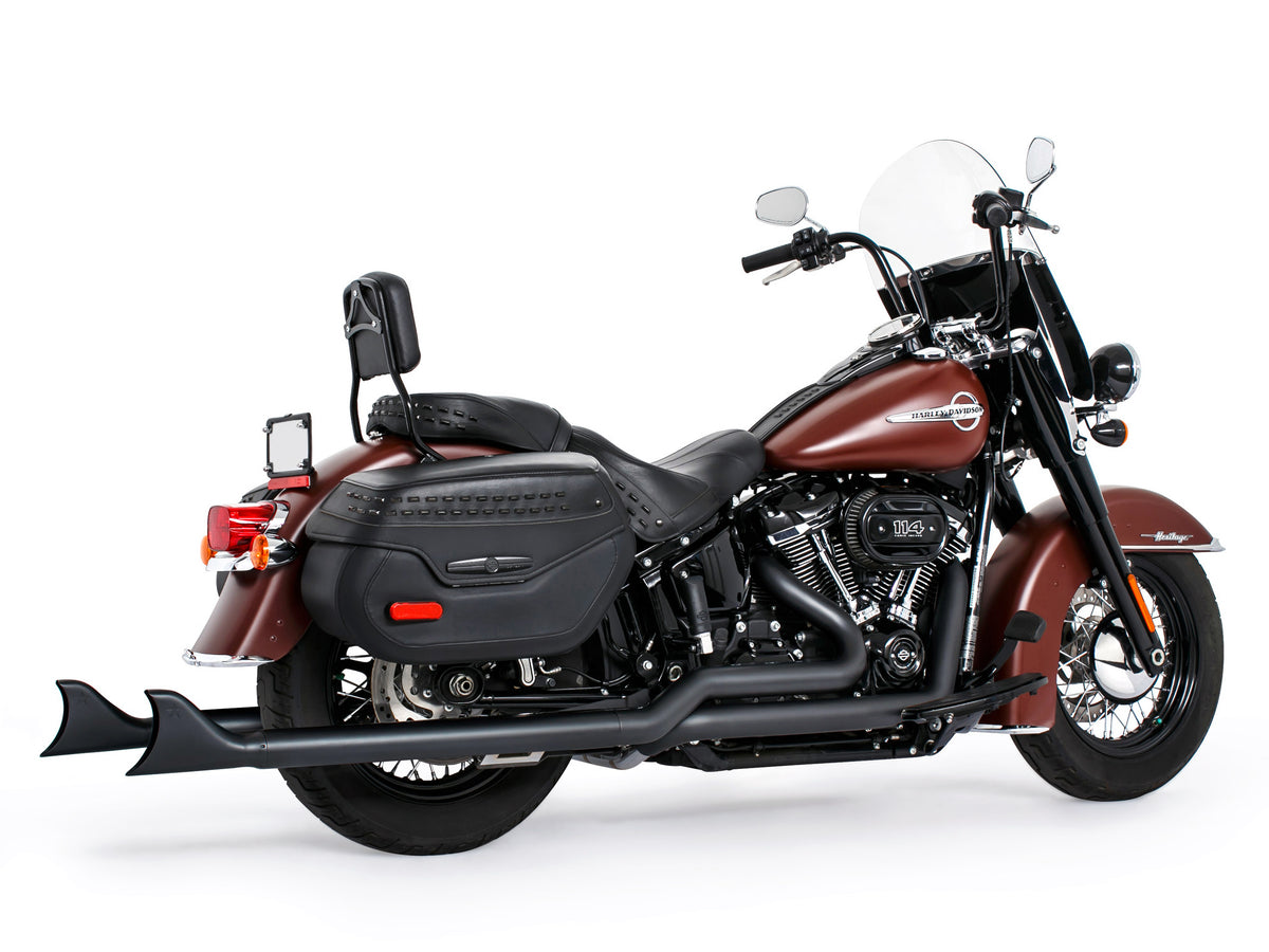39in. True Dual SharkTail Exhaust - Black. Fits Softail 2018up with Non-240 Rear Tyre
