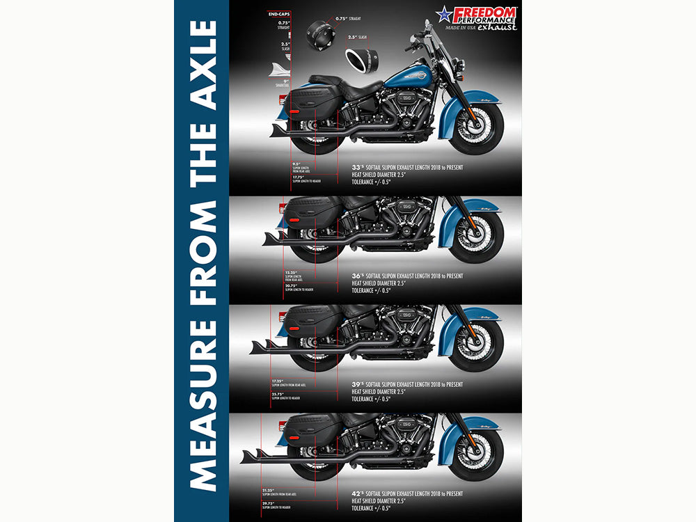 39in. True Dual SharkTail Exhaust - Black. Fits Softail 2018up with Non-240 Rear Tyre