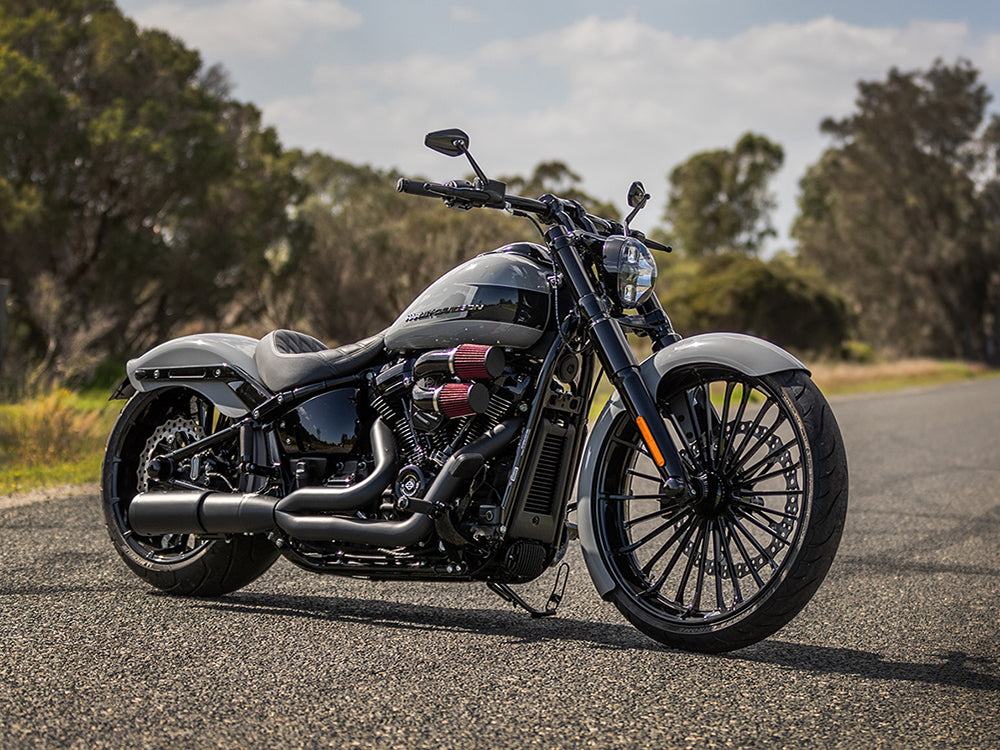2-into-1 Two Step Exhaust - Black with Black End Cap. Fits Softail Breakout & Fatboy 2018up with 240 Tyre.