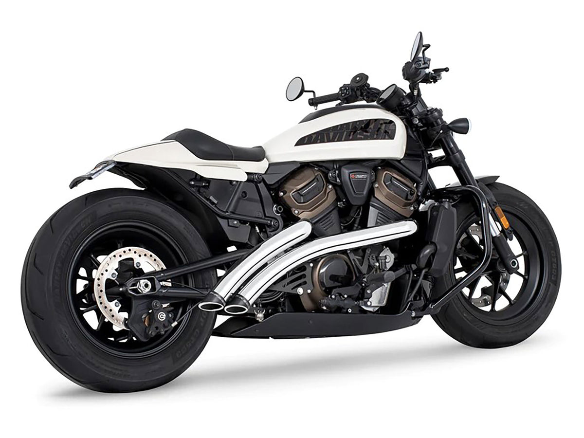 Radical Radius Exhaust - Chrome with Black End Caps. Fits Sportster S 2021-2023