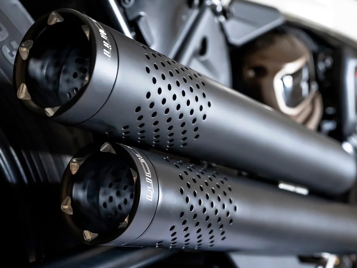 Independence Perforated High Exhaust - Black with Black End Caps. Fits Sportster S 2021-2023