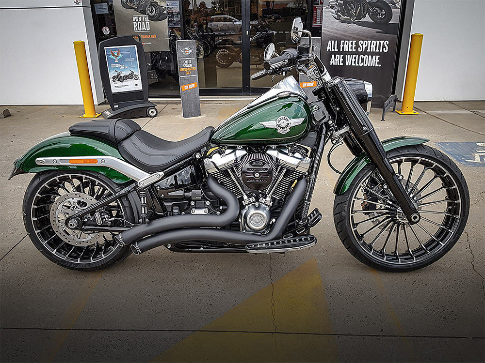 Sharp Curve Radius Exhaust - Black with Black End Caps. Fits Softail Breakout & Fat Boy 2018up