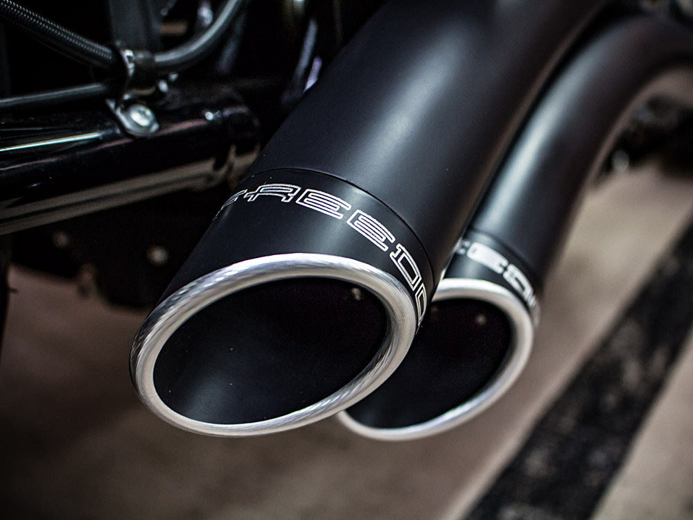 Sharp Curve Radius Exhaust - Black with Black End Caps. Fits Softail Breakout & Fat Boy 2018up