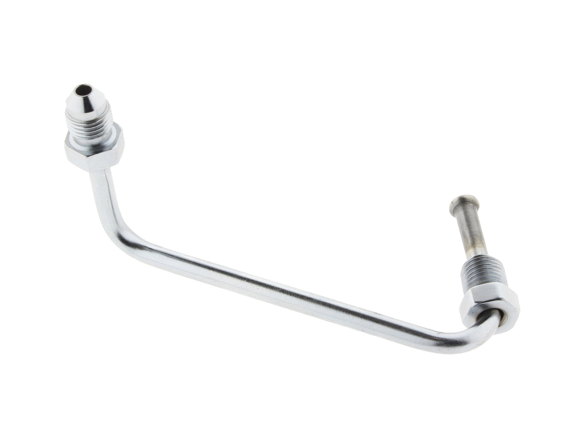Brake Line S-Bend Adapter. Fits on the Front Triple Tree T-piece when using Braided Brake lines. AN3 Male x 3/8in.-24 Inverted Flare Male.