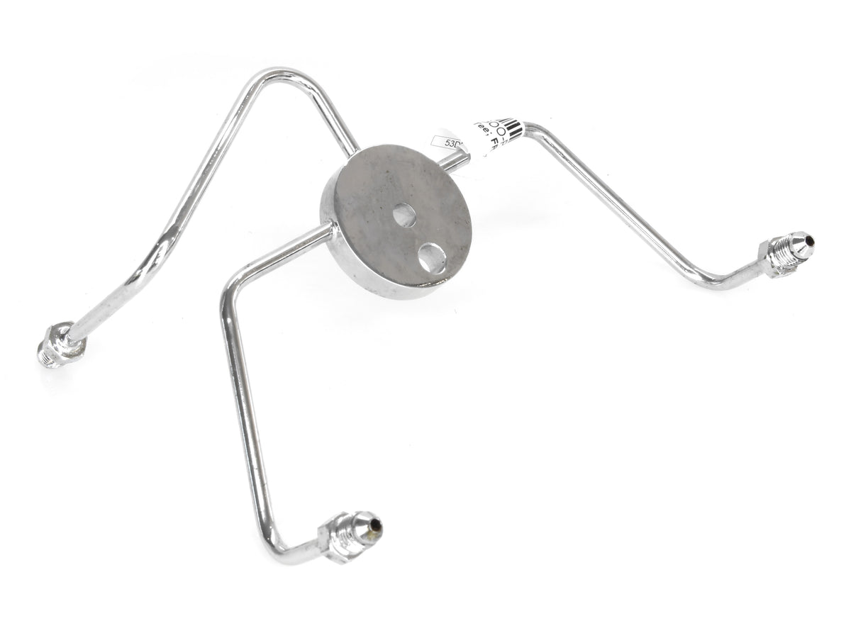 AN3 Front Dual Disc Brake Tee - Chrome. Fits Wide Glide Front Ends with Dual Disc Rotors.