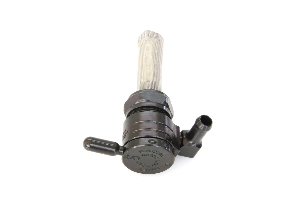 High-Flow Fuel Tap / Petcock with 22mm Thread & 5/16in. Backward Facing Fuel Outlet - Black. Fits Softail 1984-2006, Dyna 1991-2006, FXR 1982-1994, Touring 1988-2006, Sportster 1975-2006 & 4Spd Big Twin 1975-1986