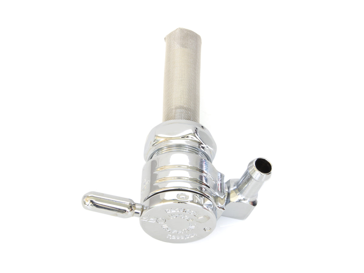 High-Flow Fuel Tap / Petcock with 22mm Thread & 5/16in. Backward Facing Fuel Outlet - Chrome. Fits Softail 1984-2006, Dyna 1991-2006, FXR 1982-1994, Touring 1988-2006, Sportster 1975-2006 & 4Spd Big Twin 1975-1986