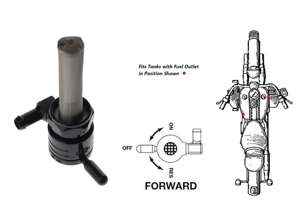High-Flow Fuel Tap / Petcock with 22mm Thread & 5/16in. Forward Facing Fuel Outlet - Black. Fits Softail 1984-2006, Dyna 1991-2006, FXR 1982-1994, Touring 1988-2006, Sportster 1975-2006 & 4Spd Big Twin 1975-1986
