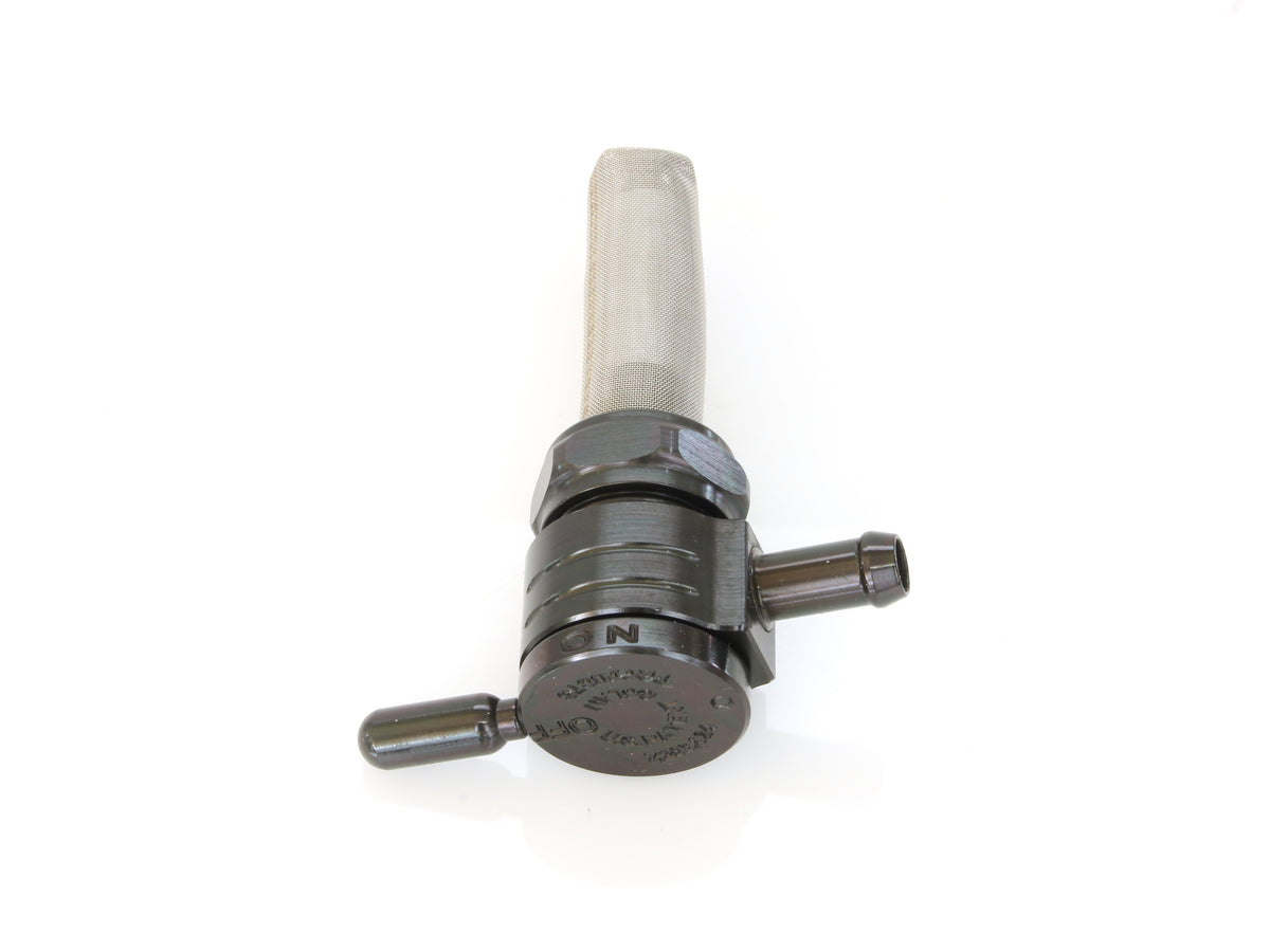 High-Flow Fuel Tap / Petcock with 22mm Thread & 5/16in. Inward Facing fuel Outlet - Black. Fits Softail 1984-2006, Dyna 1991-2006, FXR 1982-1994, Touring 1988-2006, Sportster 1975-2006 & 4Spd Big Twin 1975-1986