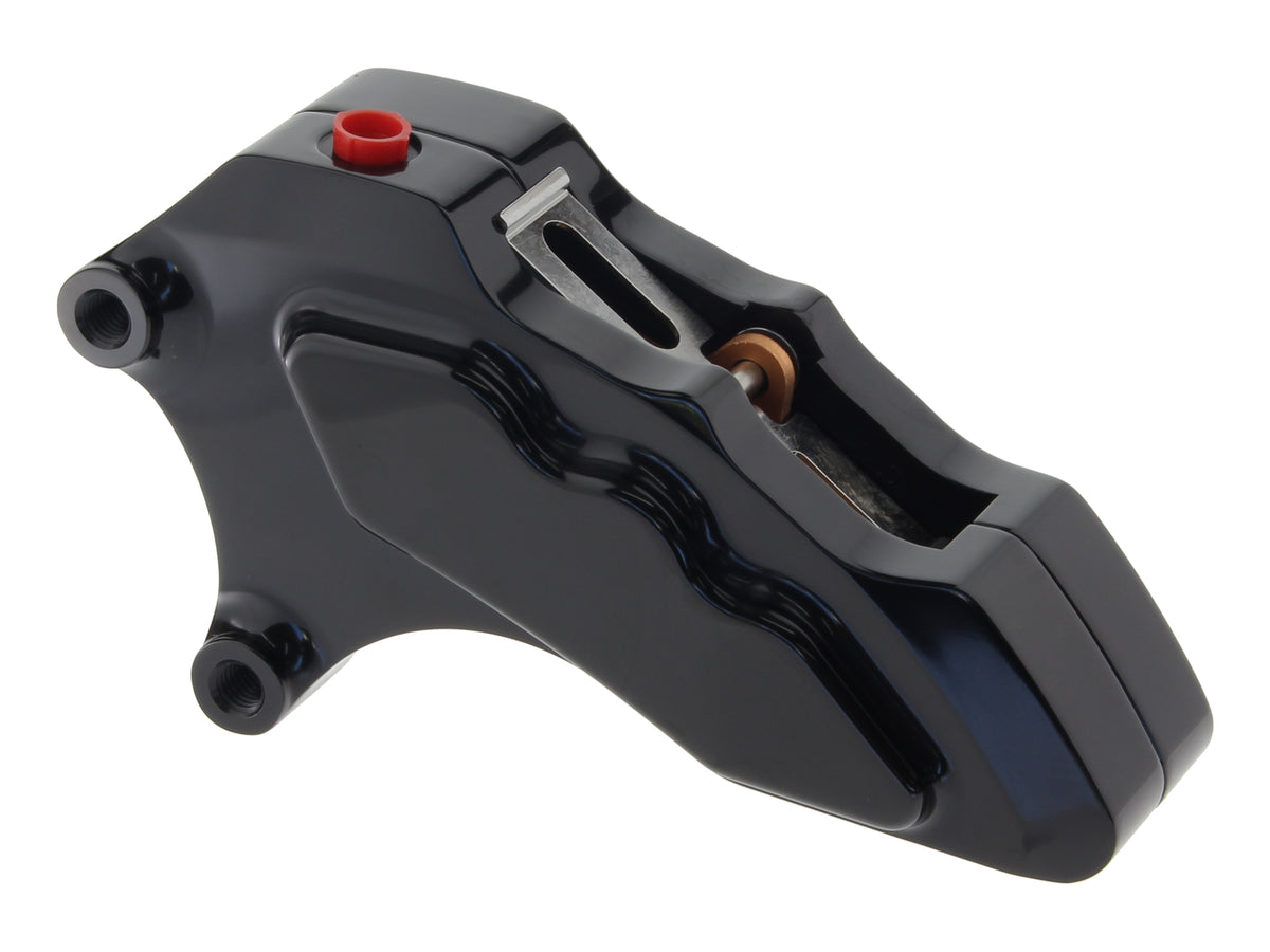 Left Hand Front 6 Piston Caliper - Black. Fits Softail 2000-2017, Dyna 2000-2005, Touring 2000-2007 & Sportster 2000-2007 Models with 13in. Disc Rotor.