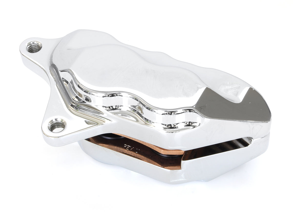 Left Hand Front 4 Piston Caliper - Chrome. Fits Softail 2000-2014, Dyna 2000-2017, Touring 2000-2007 & Sportster 2000-2007 Models with 11.5in. Disc Rotor.
