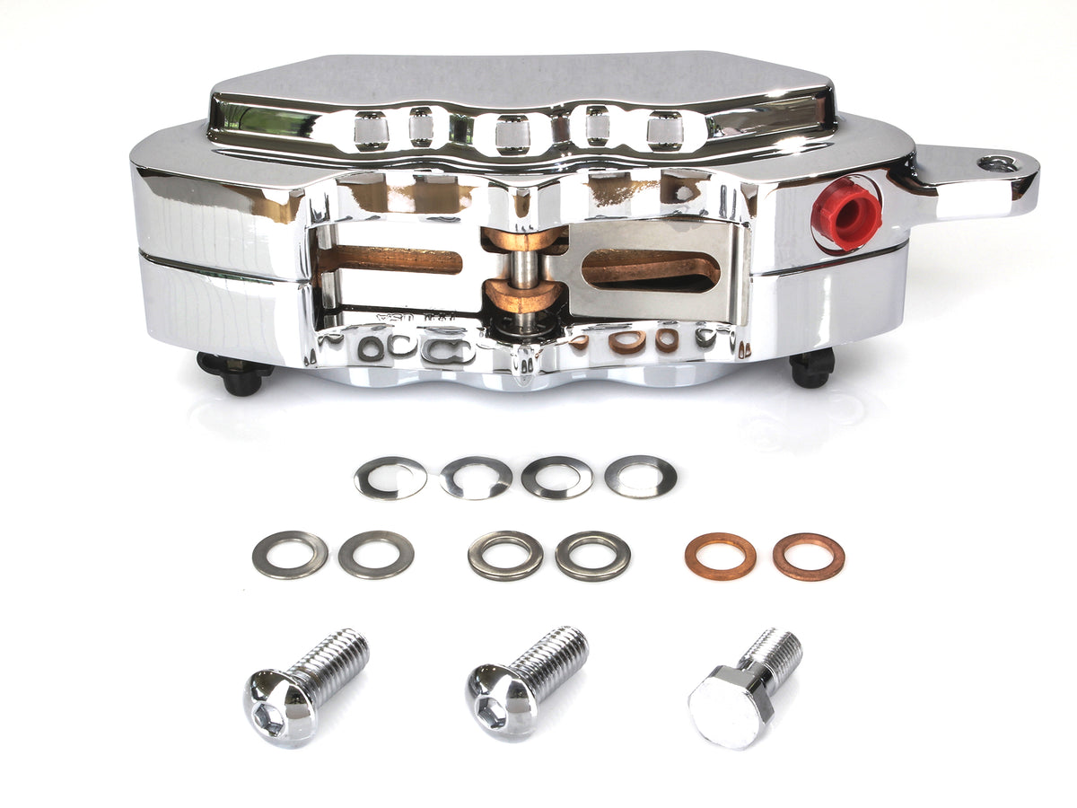 Left Hand Front 6 Piston Caliper - Chrome. Fits most Big Twin 1984-1999 & Sportster 1984-1999 Models with 11.5in. Disc Rotor.