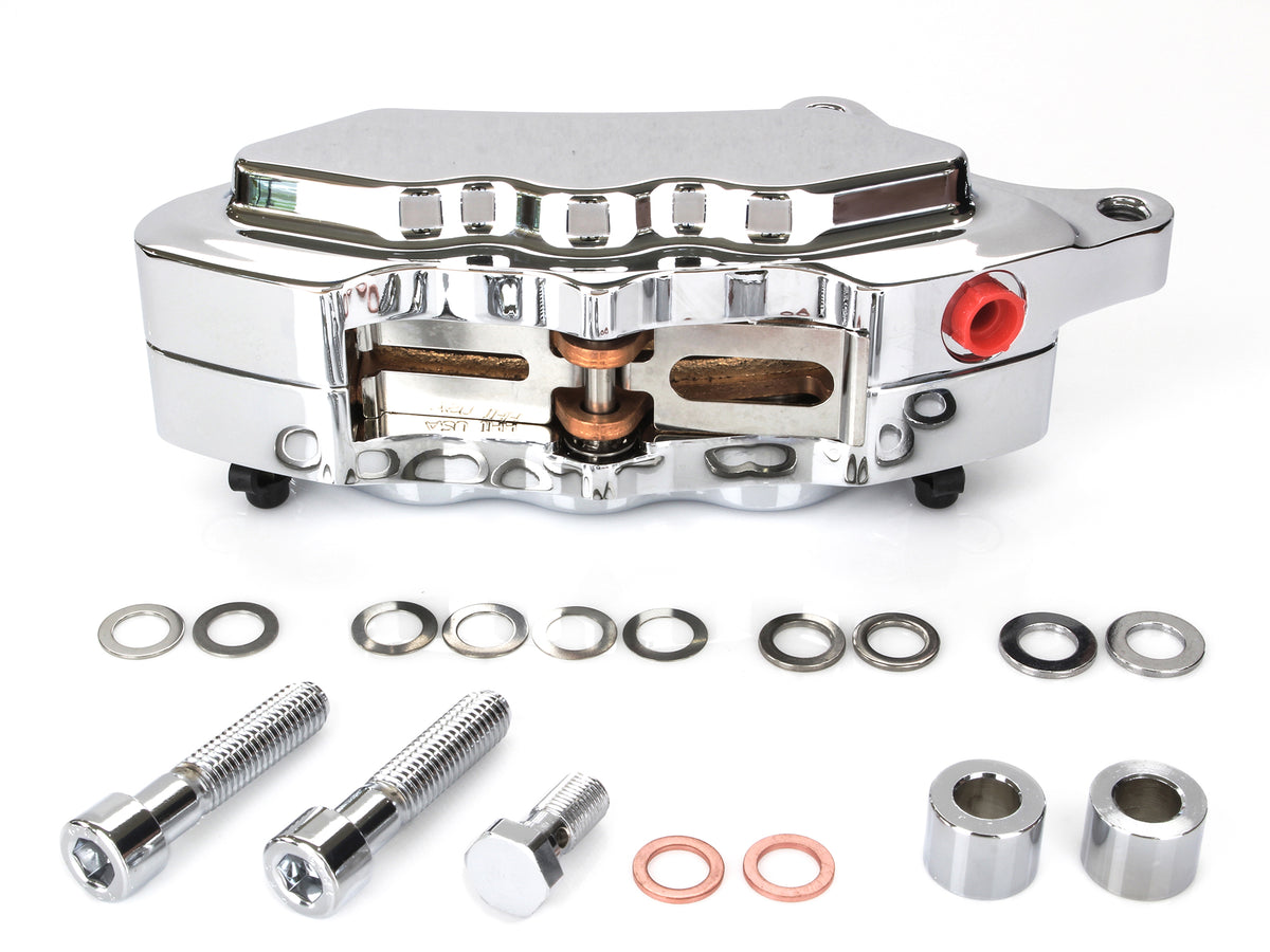 Left Hand Front 6 Piston Caliper - Chrome. Fits Softail 2015up, V-Rod 2006-2017 & Touring 2008up & Sportster 2014-2021
