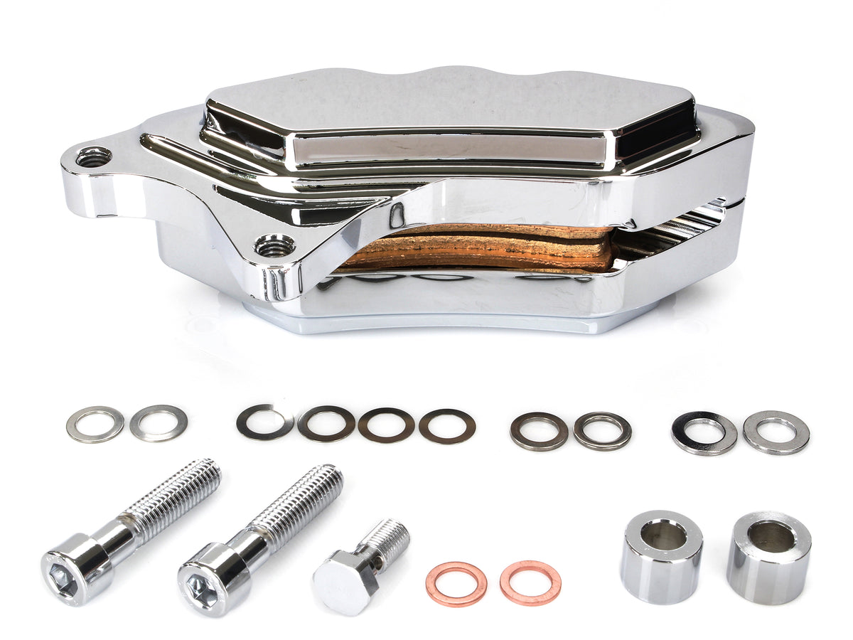 Left Hand Front 6 Piston Caliper - Chrome. Fits Softail 2015up, V-Rod 2006-2017 & Touring 2008up & Sportster 2014-2021