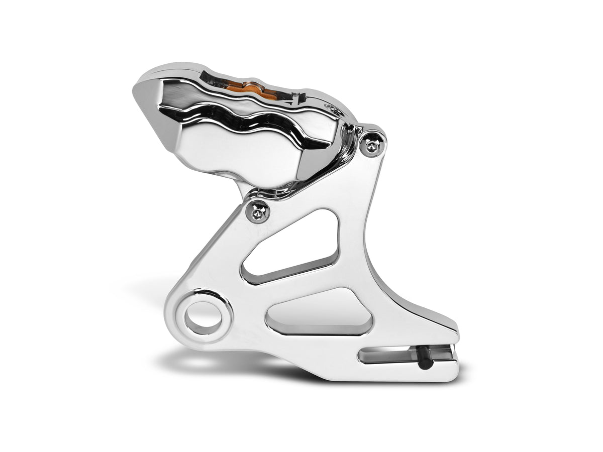 Right Hand Rear 4 Piston Caliper & Mounting Bracket - Chrome. Fits Softail 2018up