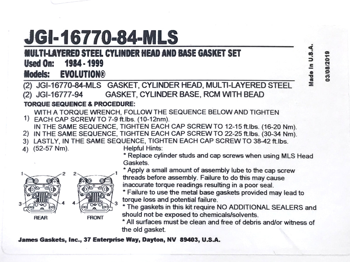 MLS Cylinder Head & Base Gasket Kit. Fits Big Twin 1984-1999 with Evo Engine.