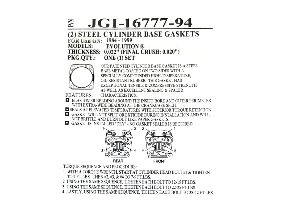 0.020in. Thick Cylinder Base Gaskets. Fits Evolution Big Twin 1984-1999.