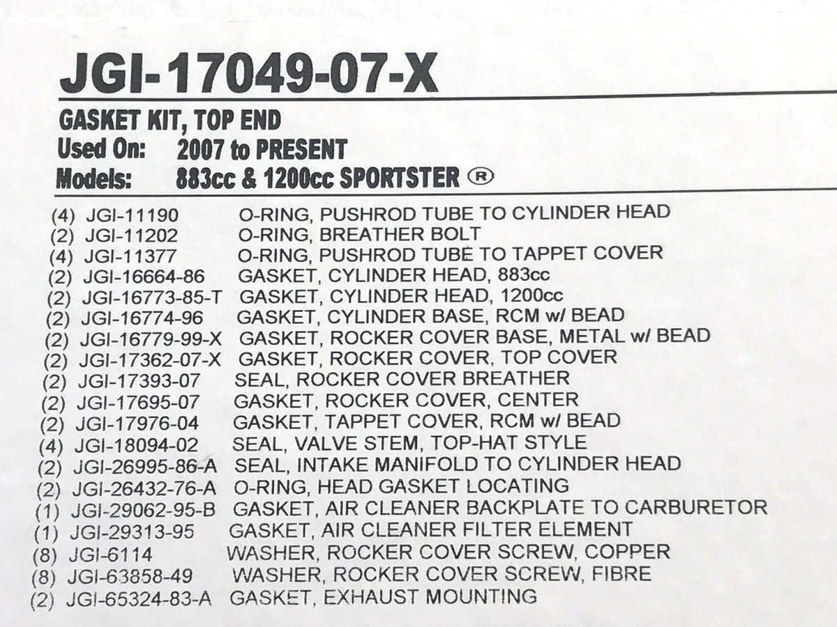 Top End Gasket Kit. Fits Sportster 2007-2021 with 883cc or 1200cc Engines.