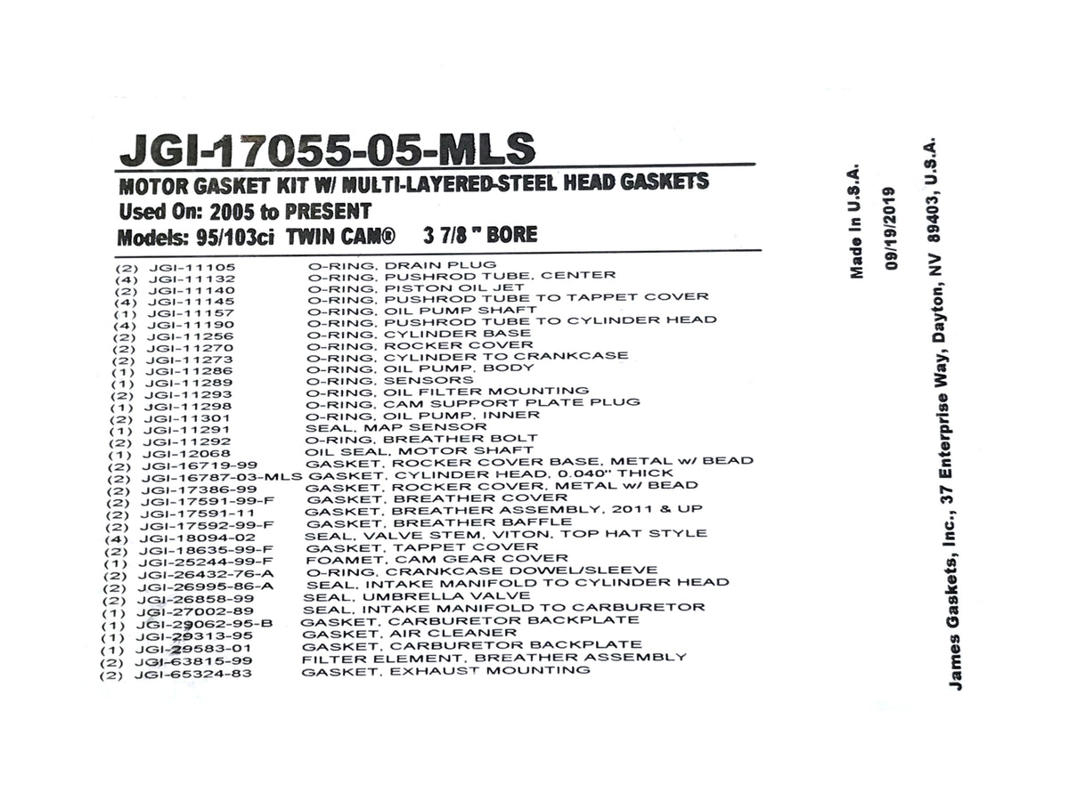 MLS Engine Gasket Kit. Fits Twin Cam 2005-2017 with 95in. or 103in. Engines - 3.875in. Bore