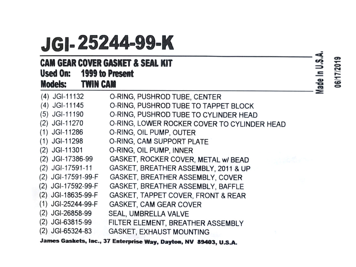 Cam Change Gasket Kit. Twin Cam 1999-2017.
