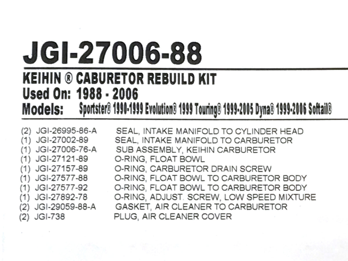 CV Carburettor Rebuild Kit. Fits Big Twin 1990-2006 & Sportster 1988-2006
