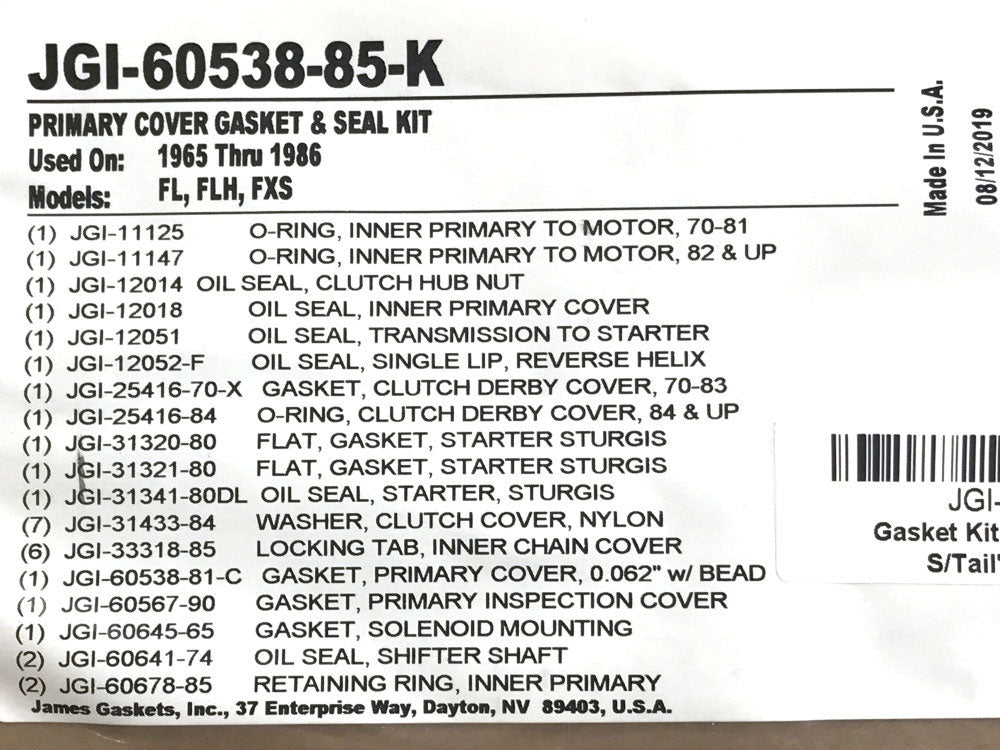 Primary Cover Gasket Kit. Fits 4Spd Big Twin 1965-1986 & Softail 1984-1988.