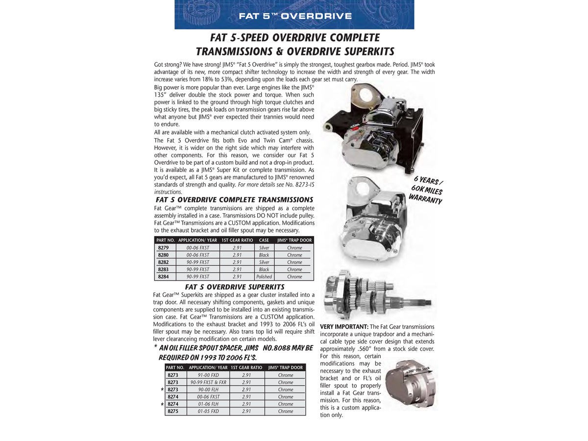 Fat 5Spd Overdrive Super Transmission Cassette. Fits Softail 2000-2006
