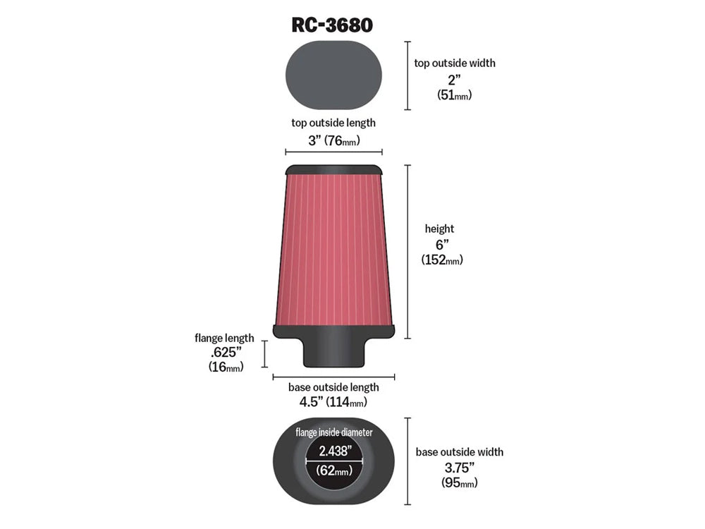 High-Flow Air Filter Element with Oval End Cap - Chrome. Fits Aircharger