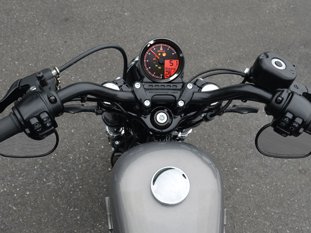3-3/8in. Round Speedometer with Tachometer - Black. Fits Softail Fat Bob 2018up, Sportster 2014-2021, Dyna Street Bob, Low Rider & Wide Glide 2012-2017 & Softail Breakout, Rocker & Black Line 2011-2017.