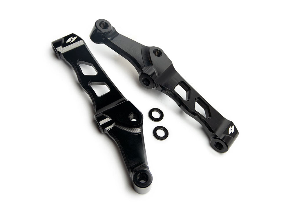 108mm Left and Right Front Radial Caliper Mounts - Black. Sold as a Pair. Fits Big Twin 2000up