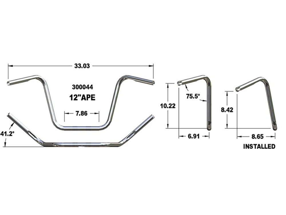 12in. x 1in. Ape Hanger Handlebar - Chrome.
