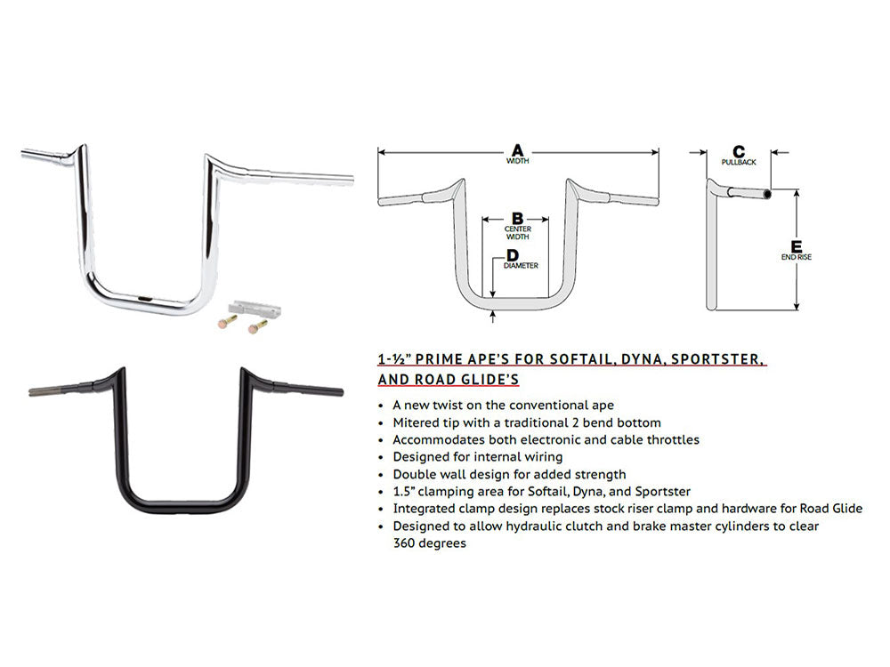 14in. x 1-1/2in. Grande Prime Ape Handlebar - Chrome.