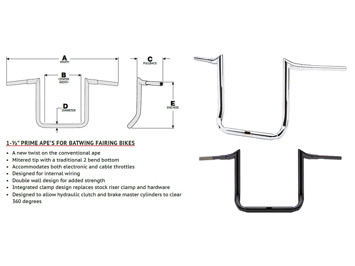 10in. x 1-1/2in. Grande Prime Ape Handlebar - Chrome. Fits Ultra Models 2014up and Street Glide 2014-2023