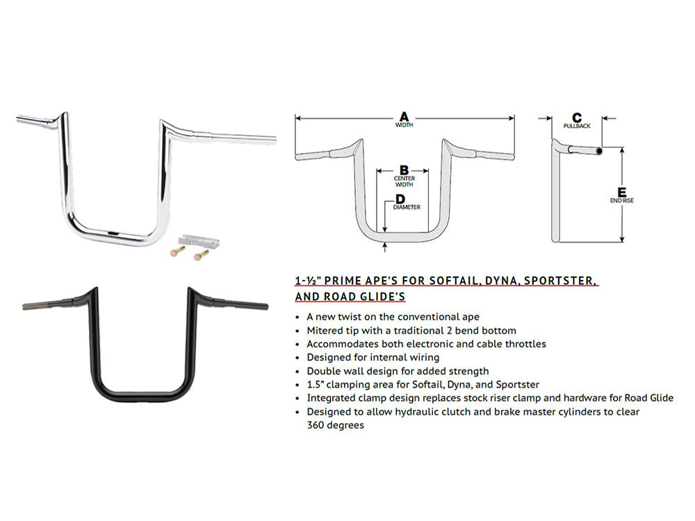 14in. x 1-1/2in. Grande Prime Ape Handlebar - Chrome. Fits Road Glide 2015-2023 & Road King Special 2017up