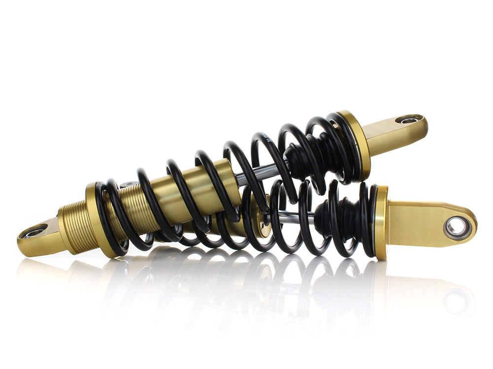 REVO-A Series, 12in. Adjustable Rear Shock Absorbers - Gold. Fits Dyna 1991-2017.