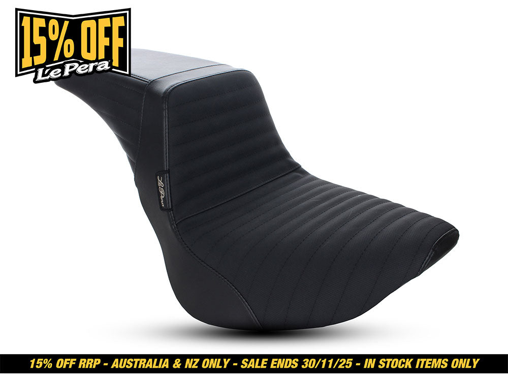 Kickflip Dual Seat with Pleated Stitch & Gripper Tape. Fits Softail Slim & Street Bob 2018up & Standard 2020up.