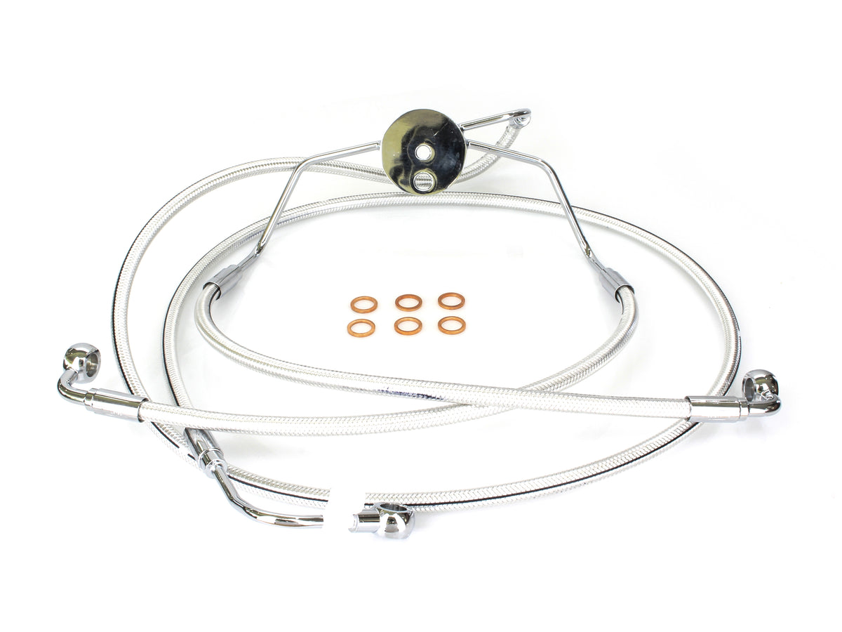 Lower Front Brake Line Assembley with T-Piece - Sterling Chromite. Fits Touring 2008-2013 with ABS & Dual Front Calipers.