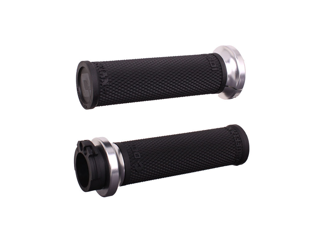 Ruffian Lock-On Handgrips – Black/Silver. Fits H-D with Throttle Cable – ODI Grips & Bars
