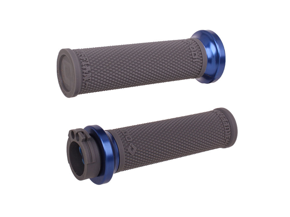 Ruffian Lock-On Handgrips – Graphite/Blue. Fits H-D with Throttle Cable – ODI Grips & Bars