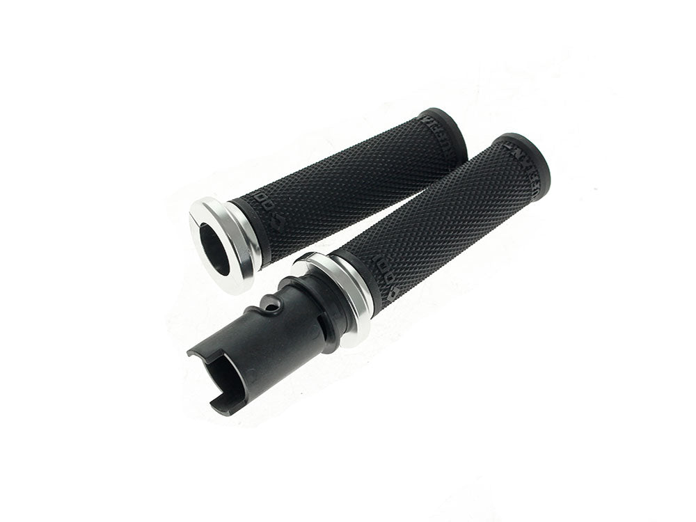 Ruffian Lock-On Handgrips – Black/Silver. Fits CVO Touring 2023up, Street Glide & Road Glide 2024up, Touring 2025up & Softail 2025up – ODI Grips & Bars