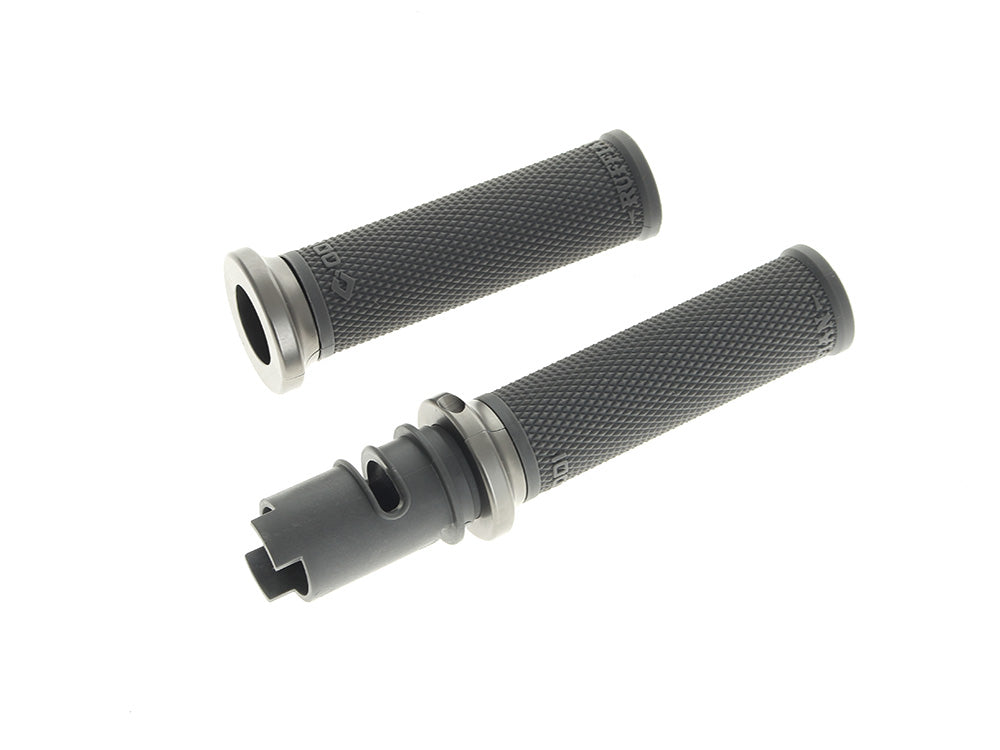Ruffian Lock-On Handgrips – Graphite/Gun Metal. Fits CVO Touring 2023up, Street Glide & Road Glide 2024up, Touring 2025up & Softail 2025up – ODI Grips & Bars