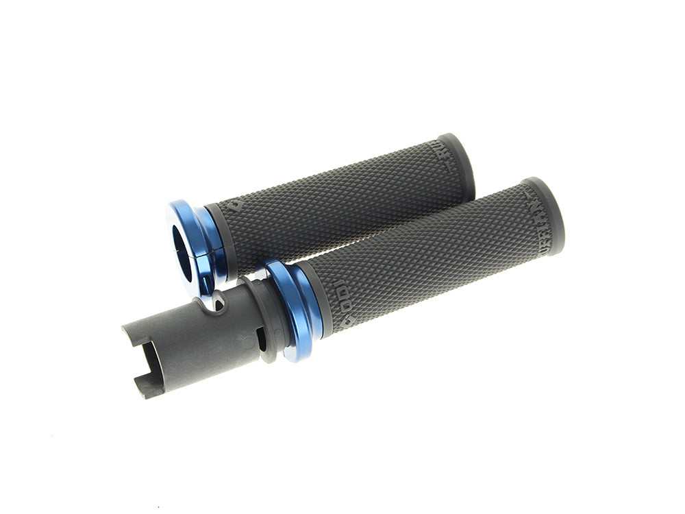 Ruffian Lock-On Handgrips – Graphite/Blue. Fits CVO Touring 2023up, Street Glide & Road Glide 2024up, Touring 2025up & Softail 2025up – ODI Grips & Bars