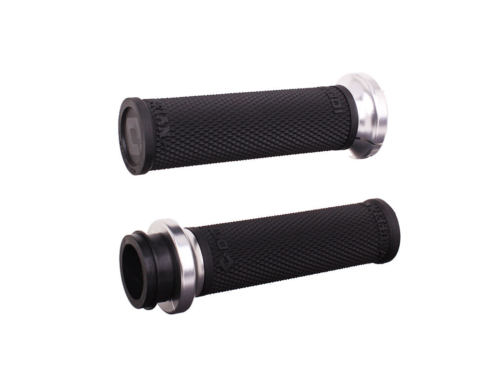 Ruffian Lock-On Handgrips – Black/Silver. Fits Big Twin 2008-2024 with Throttle-by-Wire – ODI Grips & Bars