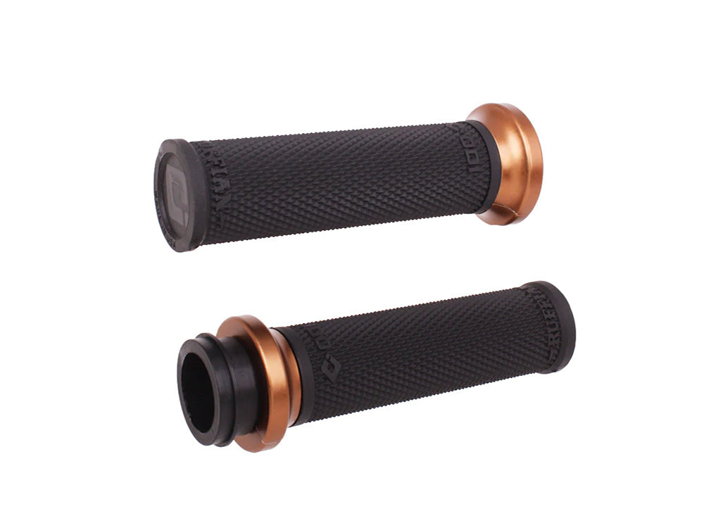 Ruffian Lock-On Handgrips – Black/Bronze. Fits Big Twin 2008-2024 with Throttle-by-Wire – ODI Grips & Bars
