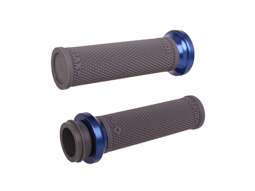 Ruffian Lock-On Handgrips – Graphite/Blue. Fits Big Twin 2008-2024 with Throttle-by-Wire – ODI Grips & Bars