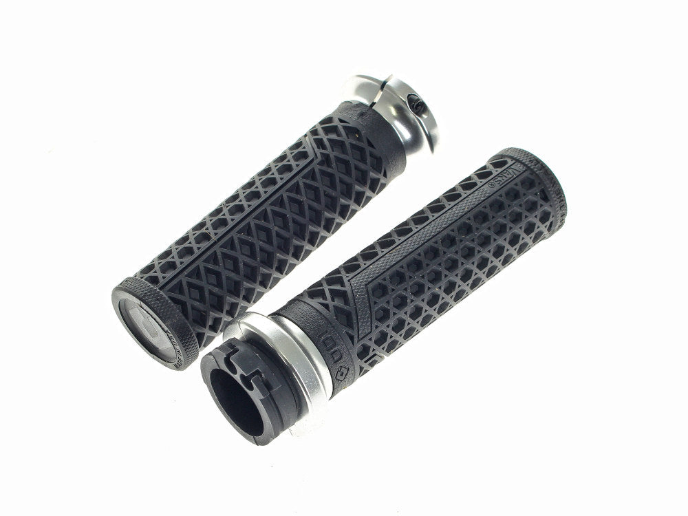 Hart-Luck Full Waffle Lock-On Handgrips – Silver. Fits H-D With Throttle Cable.