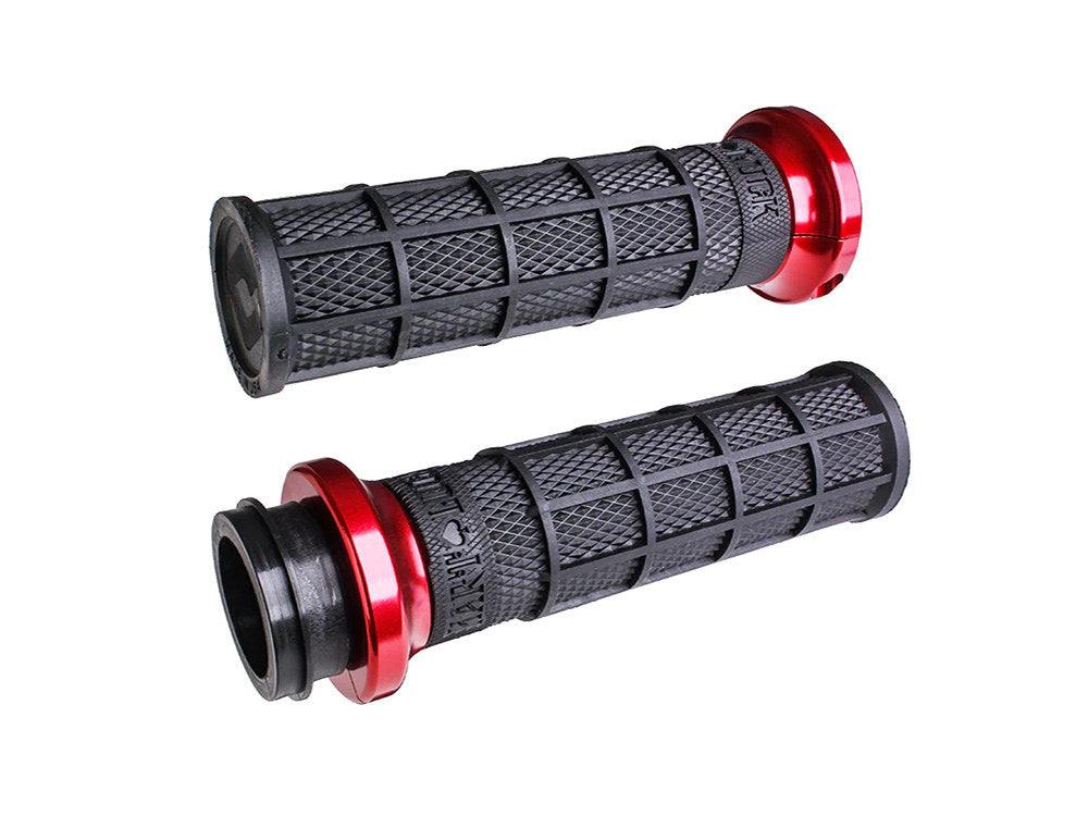 Hart-Luck Full Waffle Lock-On Handgrips – Red. Fits H-D 2008up With Throttle-By-Wire.